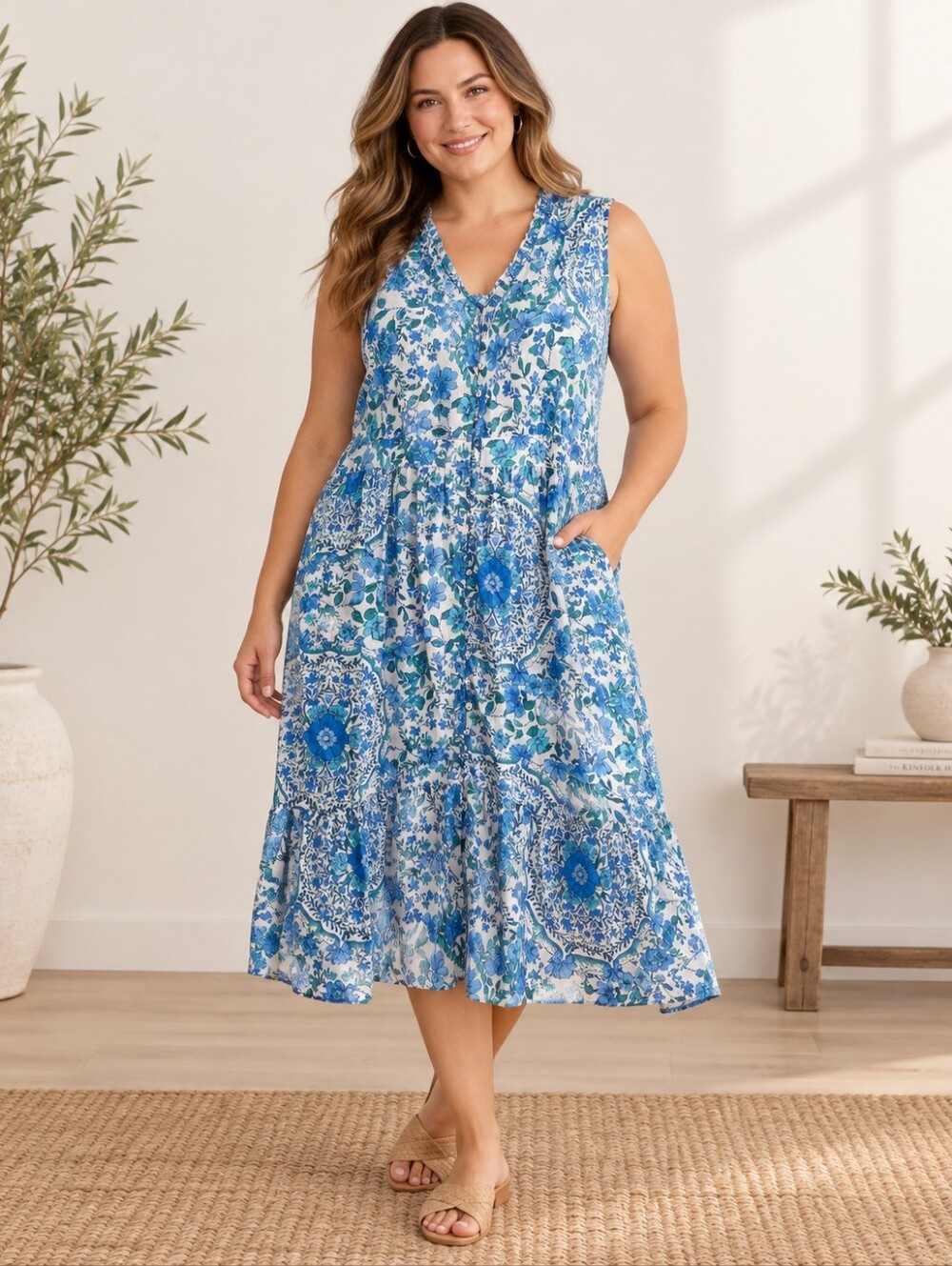 Johnny Was Willow Blue Floral Ruffle Tank Midi Dress XL Cotton Pockets